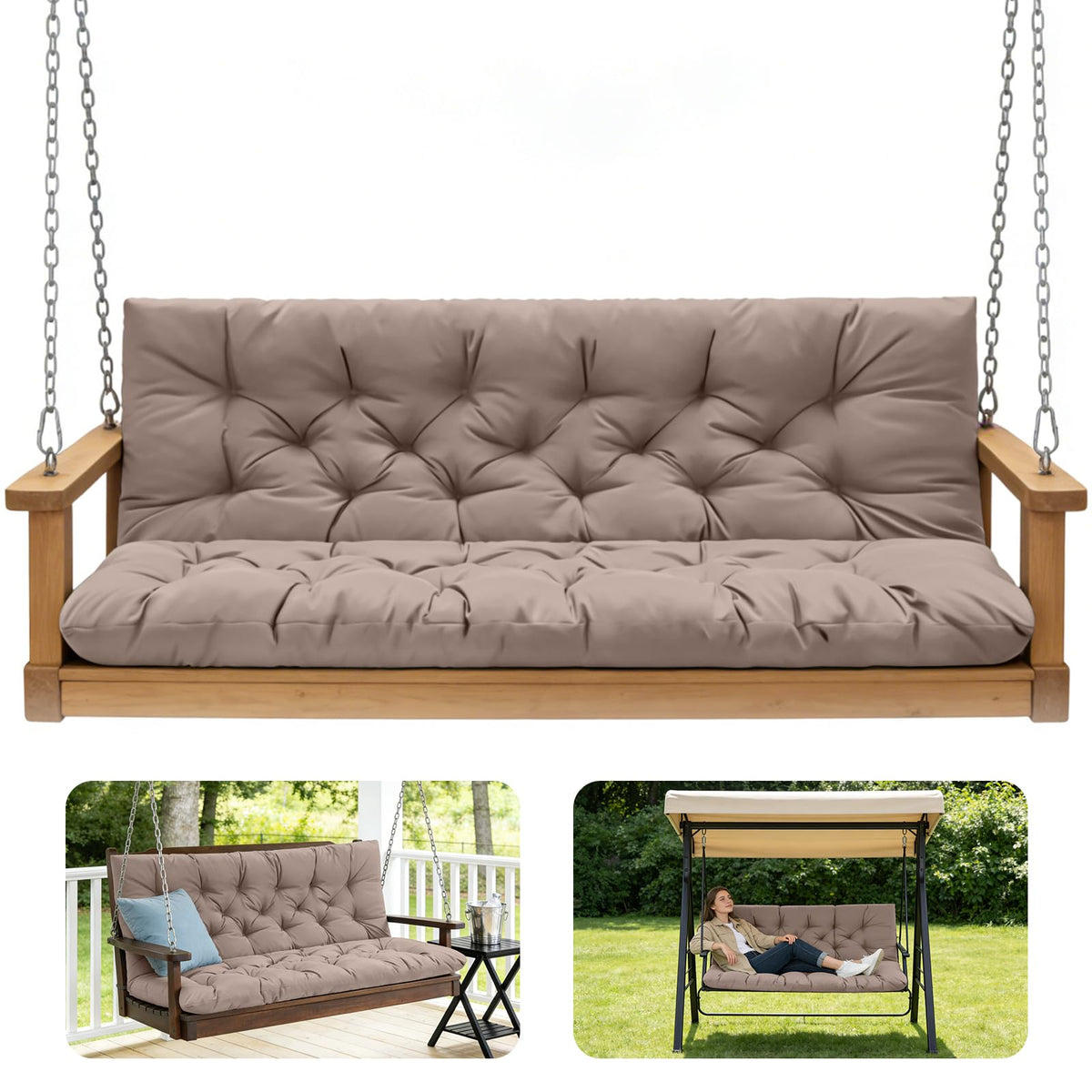 GPQAWER porch swing cushions khaki 47x40x5 with waterproof fabric for outdoor use.