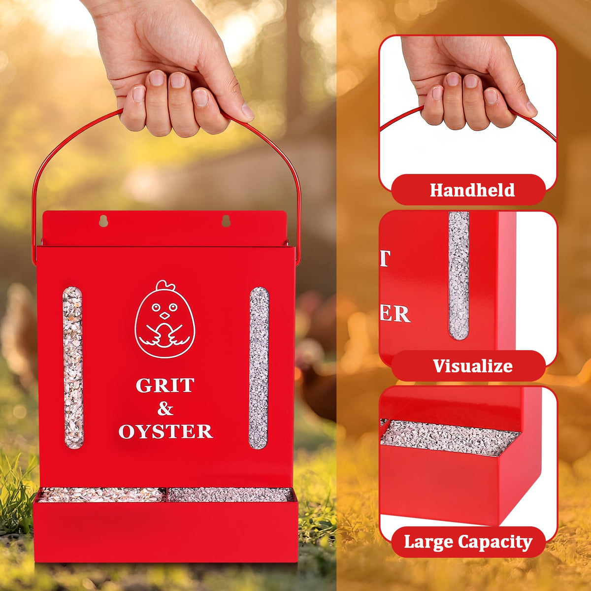 GQNDGN Metal Chicken Feeder in red withstands outdoor use and coop aesthetics.