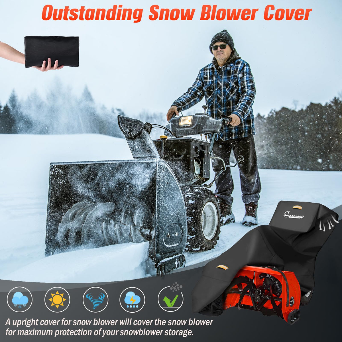 GRABADO Snowblower Cover with reflective handles improves visibility at night.