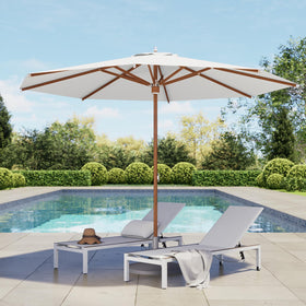 Grand Patio 11 ft umbrella canopy provides wide shade for outdoor dining.