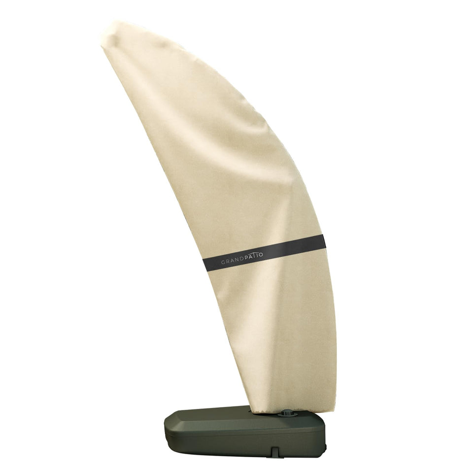 Grand Patio Deluxe umbrella cover over curved cantilever shields from rain and sun
