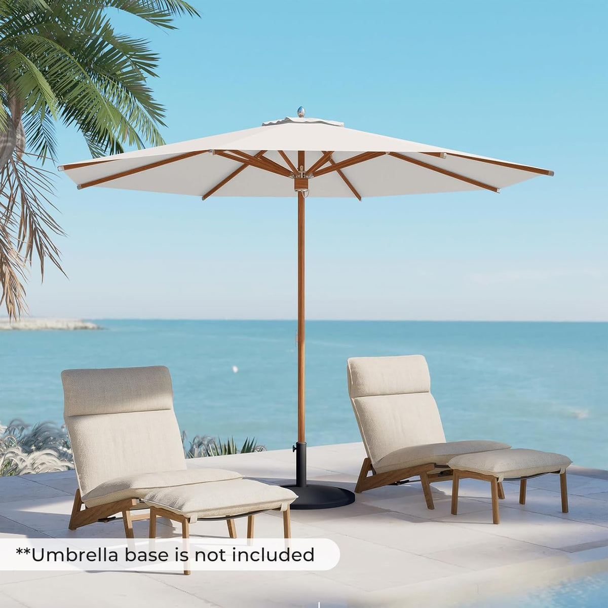 Grand Patio poolside-ready umbrella provides shade for lounge areas.