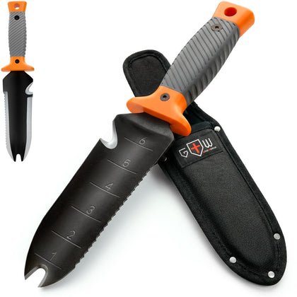 Grand Way Hori Hori knife with sheath shown for safe storage and quick access.