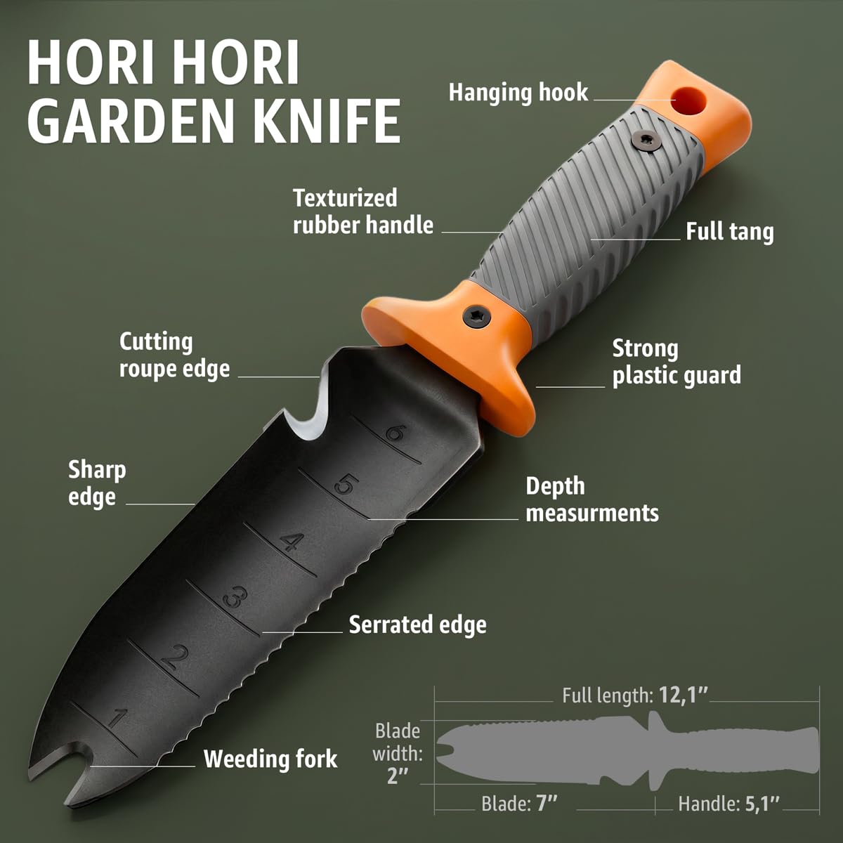 Grand Way Hori Hori knife handle close-up emphasizing non-slip grip.