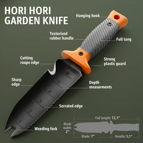Grand Way Hori Hori knife handle close-up emphasizing non-slip grip.