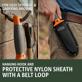 Grand Way Hori Hori knife safety guard protecting hand during use.