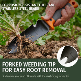 Grand Way Hori Hori knife serrated edge cutting through tough roots.