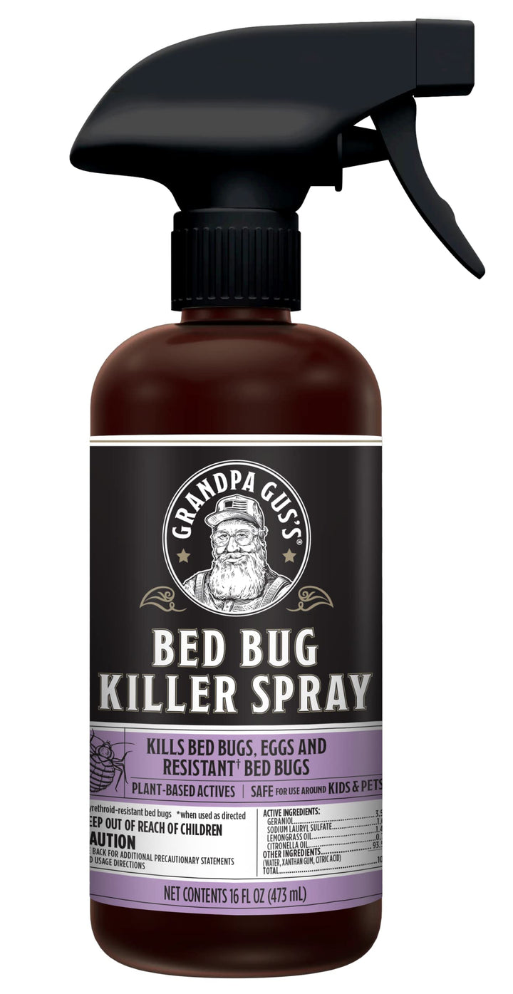Grandpa Gus's natural bed bug spray bottle for home use with plant-based formula and fresh scent