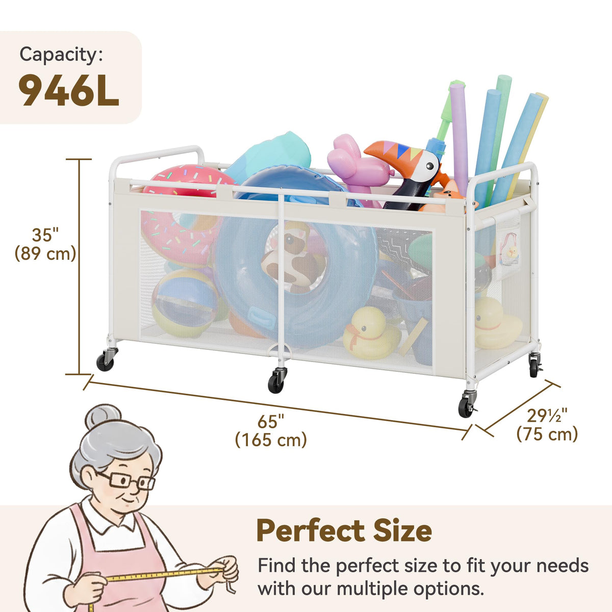 GRANNY SAYS large-capacity pool bin stores items and reduces deck clutter.