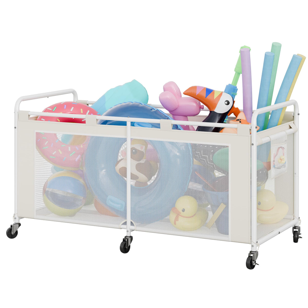 GRANNY SAYS pool float storage organizer in beige keeps pool toys neatly organized.