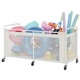 GRANNY SAYS pool float storage organizer in beige keeps pool toys neatly organized.