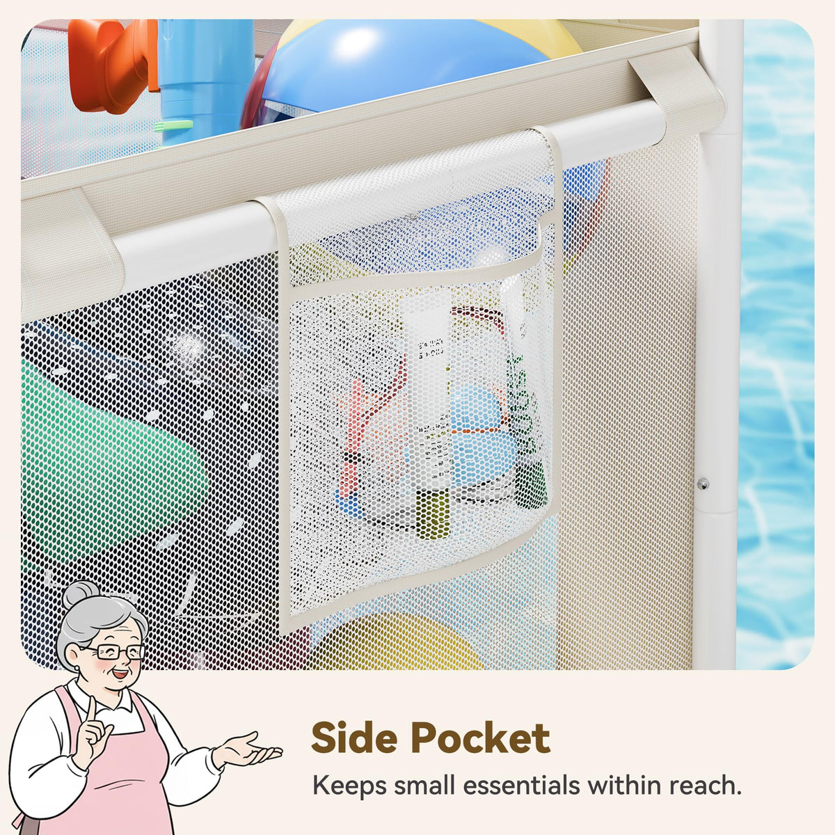 GRANNY SAYS side pocket stores goggles and sunscreen for poolside access.