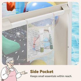 GRANNY SAYS side pocket stores goggles and sunscreen for poolside access.