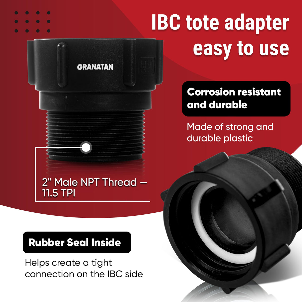 Granatan adapter with a deep hand-tightening grip for quick, tool-free attachment.