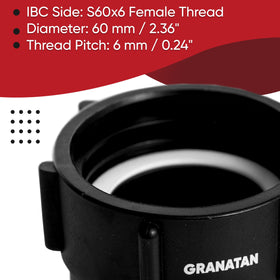 Granatan IBC tote adapter rated for transfers up to 60 C in outdoor settings.