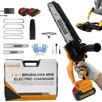 Grass One mini chainsaw with 8in bar preinstalled for quick branch cuts