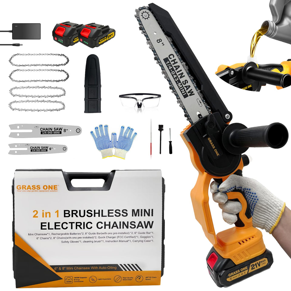 Grass One mini chainsaw with 8in bar preinstalled for quick branch cuts