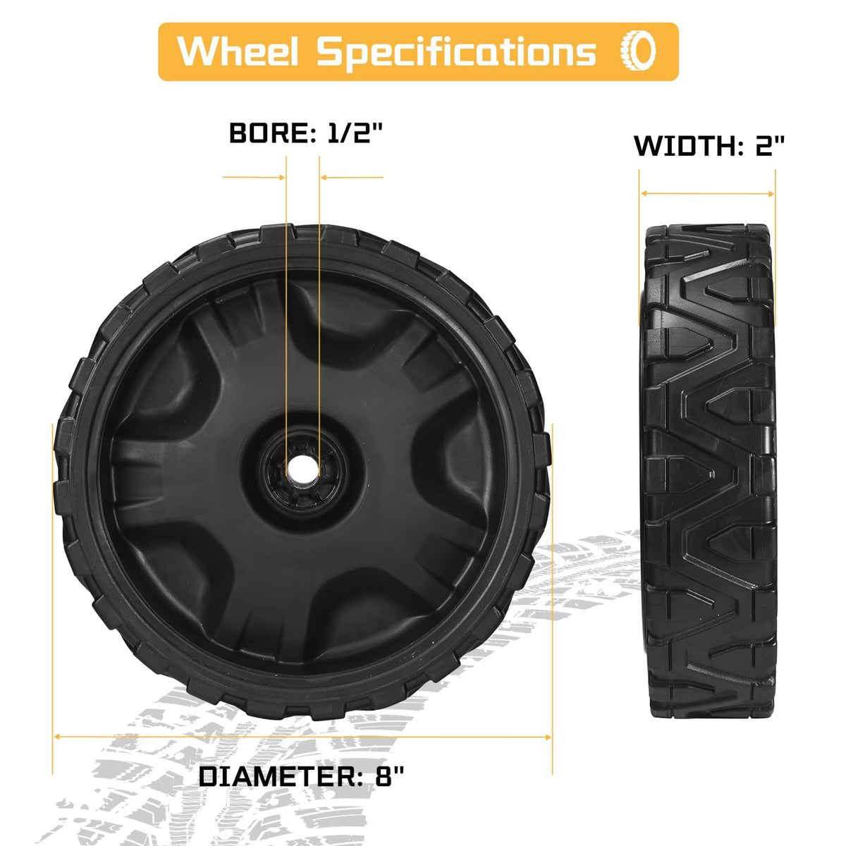 Grasscape 8-inch lawn mower wheel tire tread close-up emphasizes grip on uneven terrain.