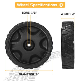 Grasscape 8-inch lawn mower wheel tire tread close-up emphasizes grip on uneven terrain.