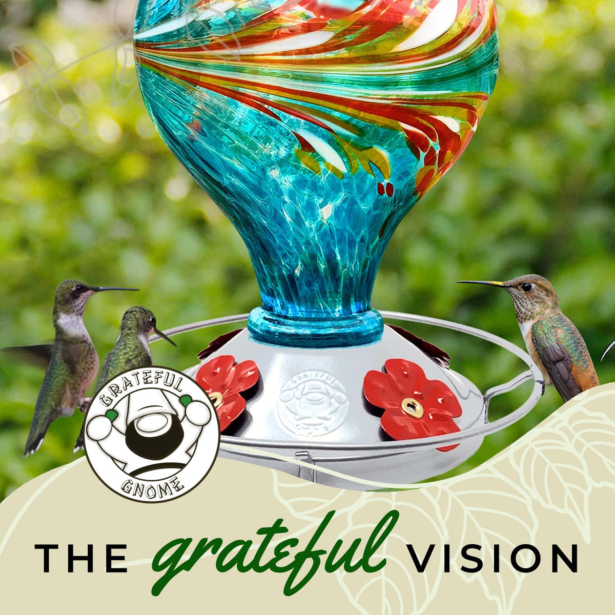 Grateful Gnome blue-embedded glass resists fading and lets you check nectar levels
