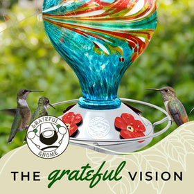 Grateful Gnome blue-embedded glass resists fading and lets you check nectar levels