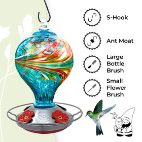 Grateful Gnome hand-blown glass feeder adds a unique artful centerpiece for outdoor spaces