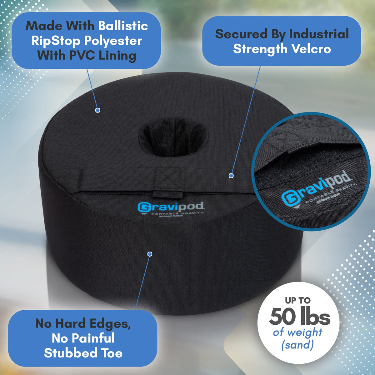 Gravipod base at full 85-pound capacity anchors shade against gusts.
