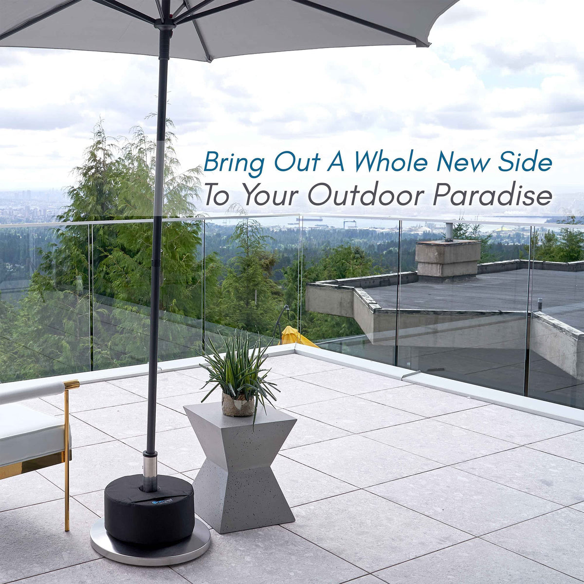 Gravipod base on a patio delivers stable, wobble-free shade.