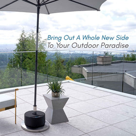 Gravipod base on a patio delivers stable, wobble-free shade.