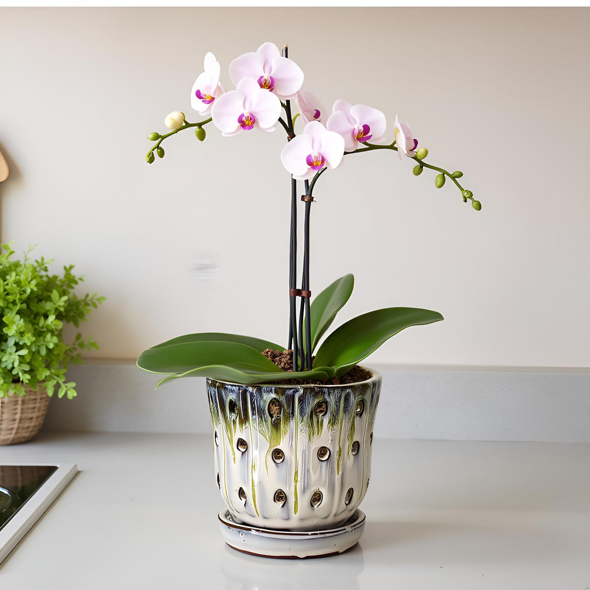 Grdthzey orchid pot side view highlights breathable ceramic design with draining holes.