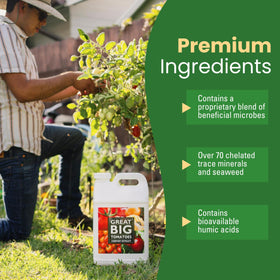 Great Big Plants organic input booster packaging shows USDA-certified status.