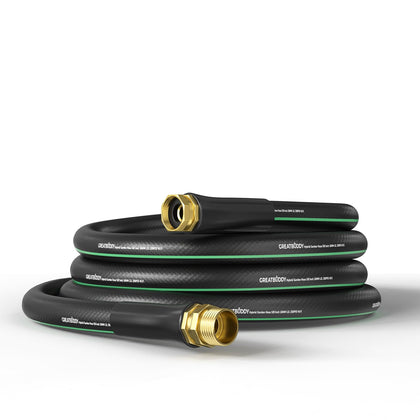 GreatBuddy garden hose 25ft coiled for compact storage and quick setup.