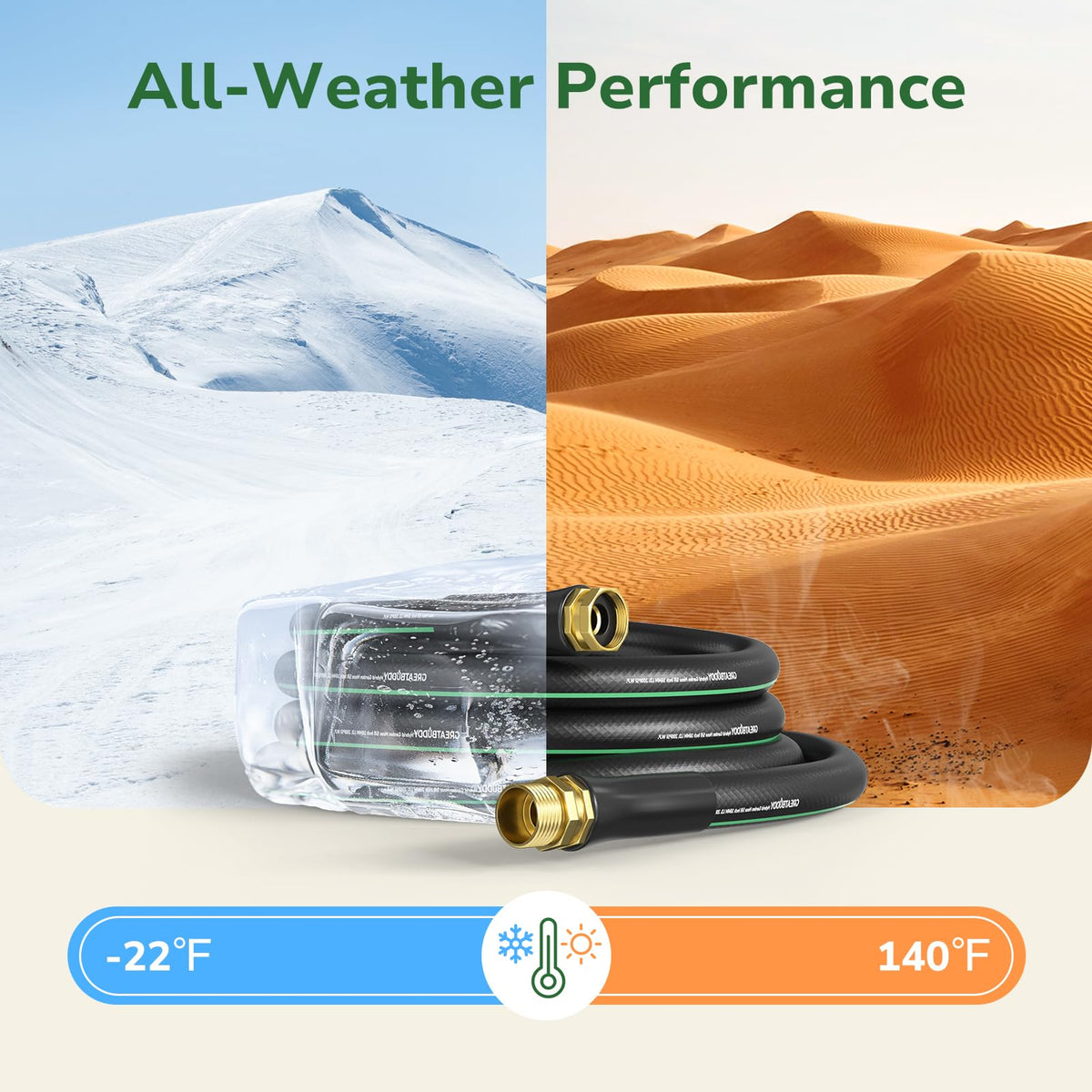 GreatBuddy garden hose all-weather flexibility demonstrates performance in extreme temperatures.