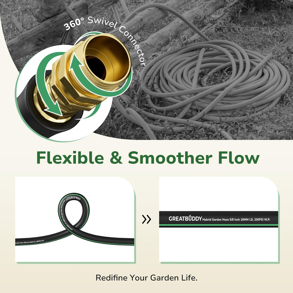 GreatBuddy hybrid polymer hose offers crush-rebound durability for steady water flow.