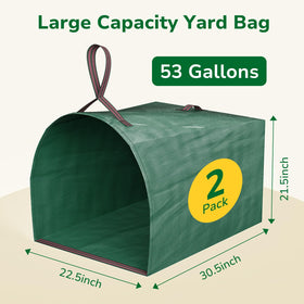 GreatBuddy lawn bag shows large 53-gallon capacity for yard cleanup