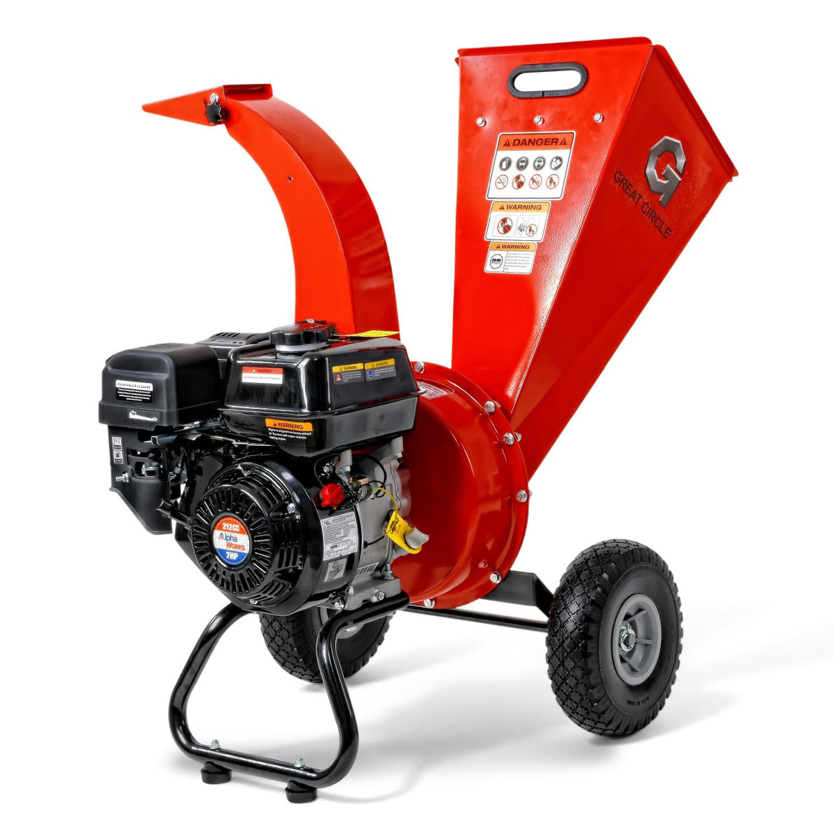 GreatCircleUSA Mini Wood Chipper front view showing compact power for yard debris processing