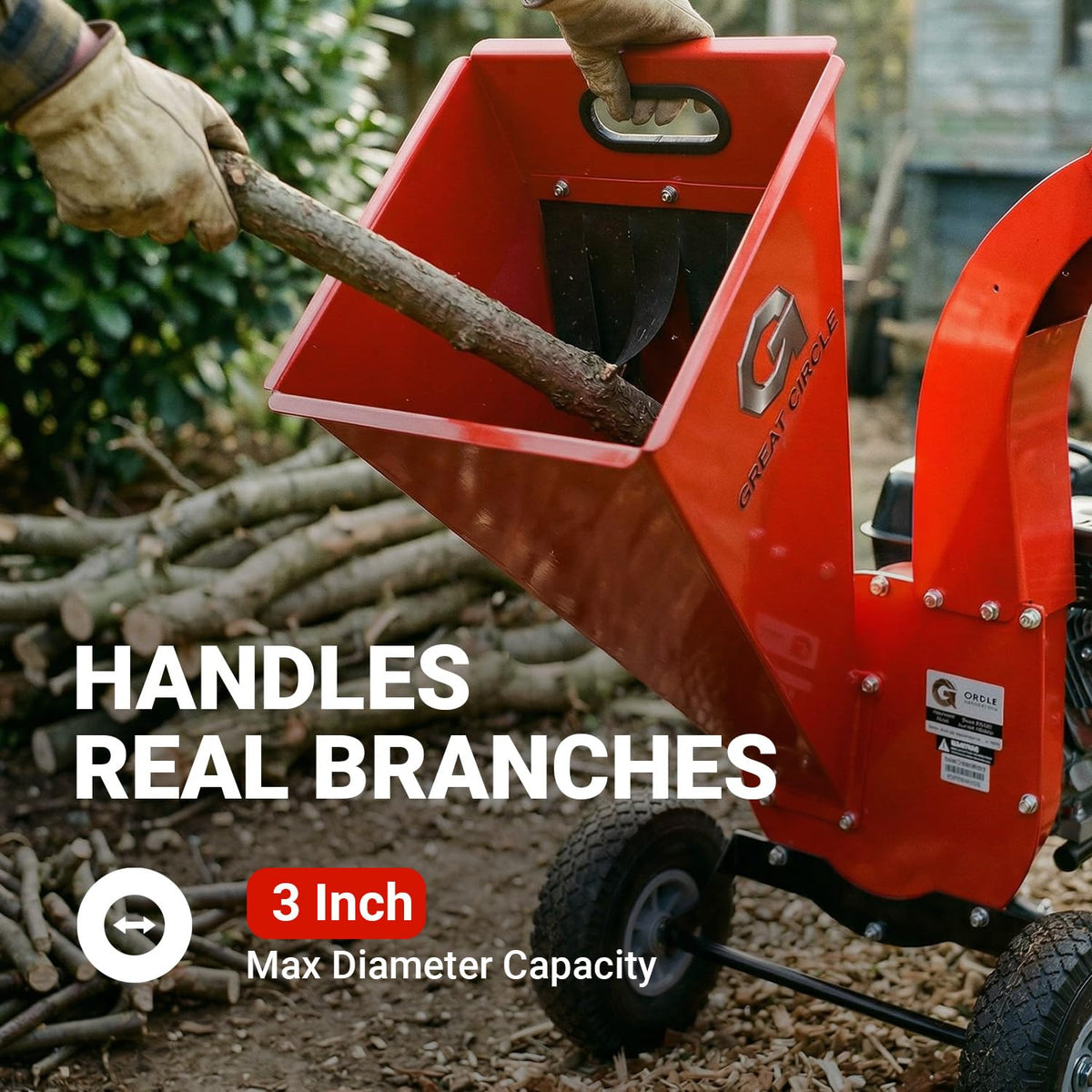 GreatCircleUSA Mini Wood Chipper in use chipping branches into mulch