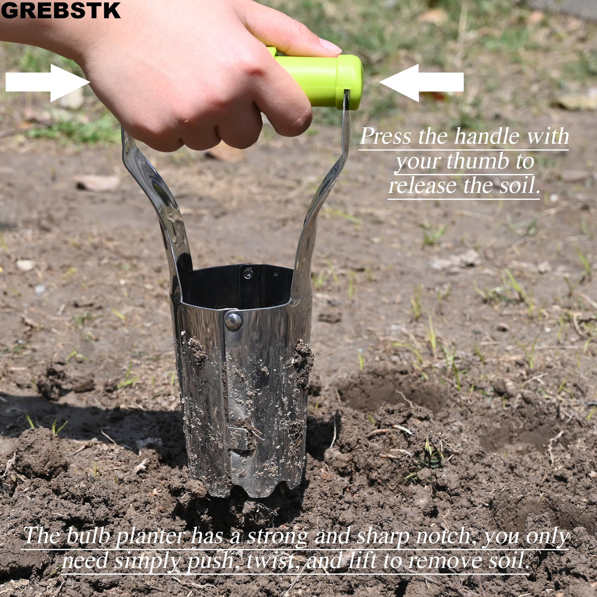 GREBSTK transplanter features sharp notch for easy soil removal during planting