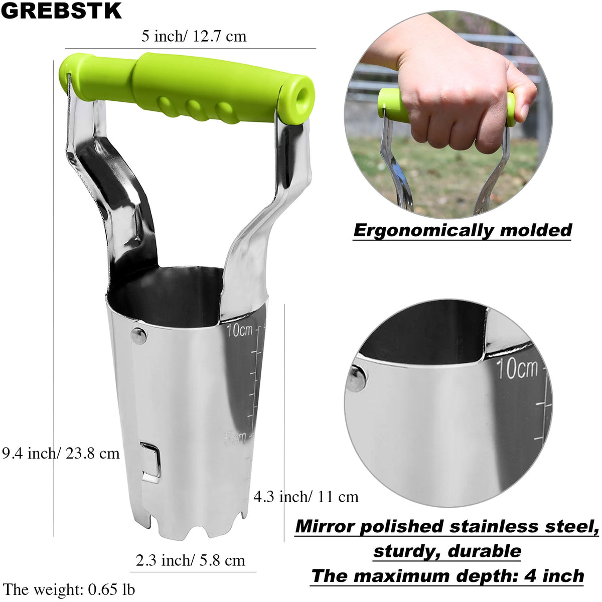 GREBSTK stainless steel transplanter showing ergonomic handle design