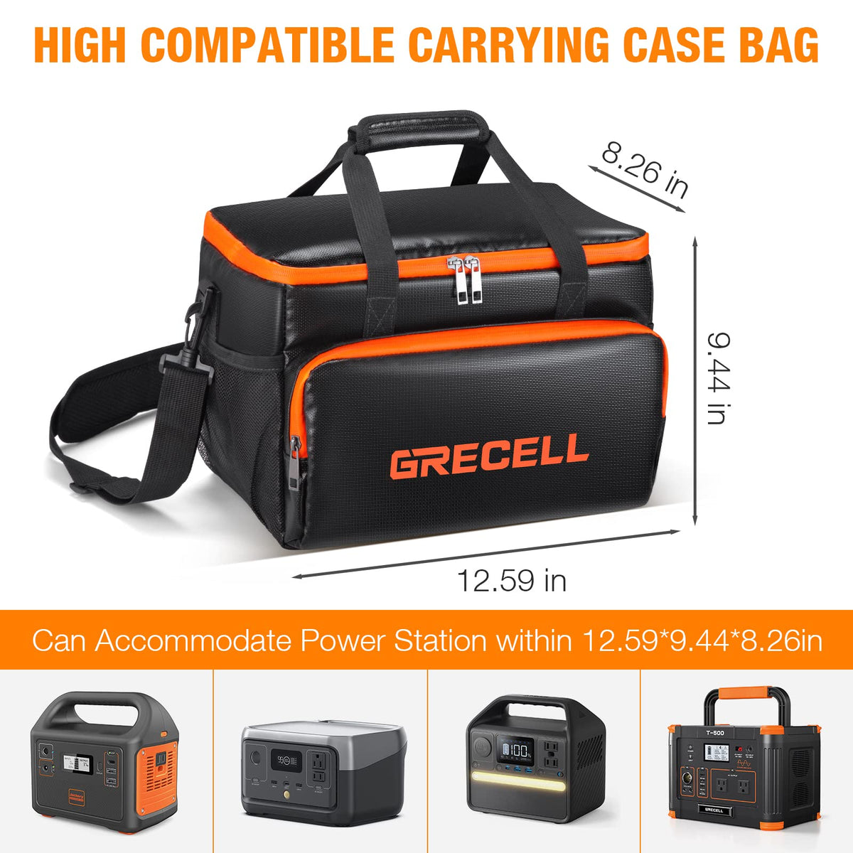 GRECELL fireproof carrying case interior layout highlights organized compartments for adapters.