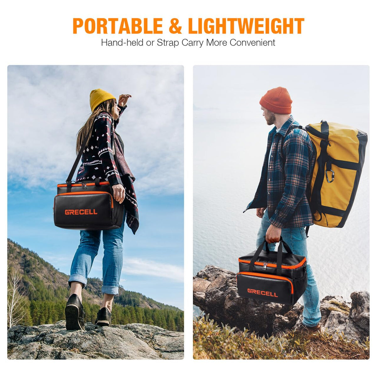 GRECELL case padded handle reduces load when carrying heavy power stations.