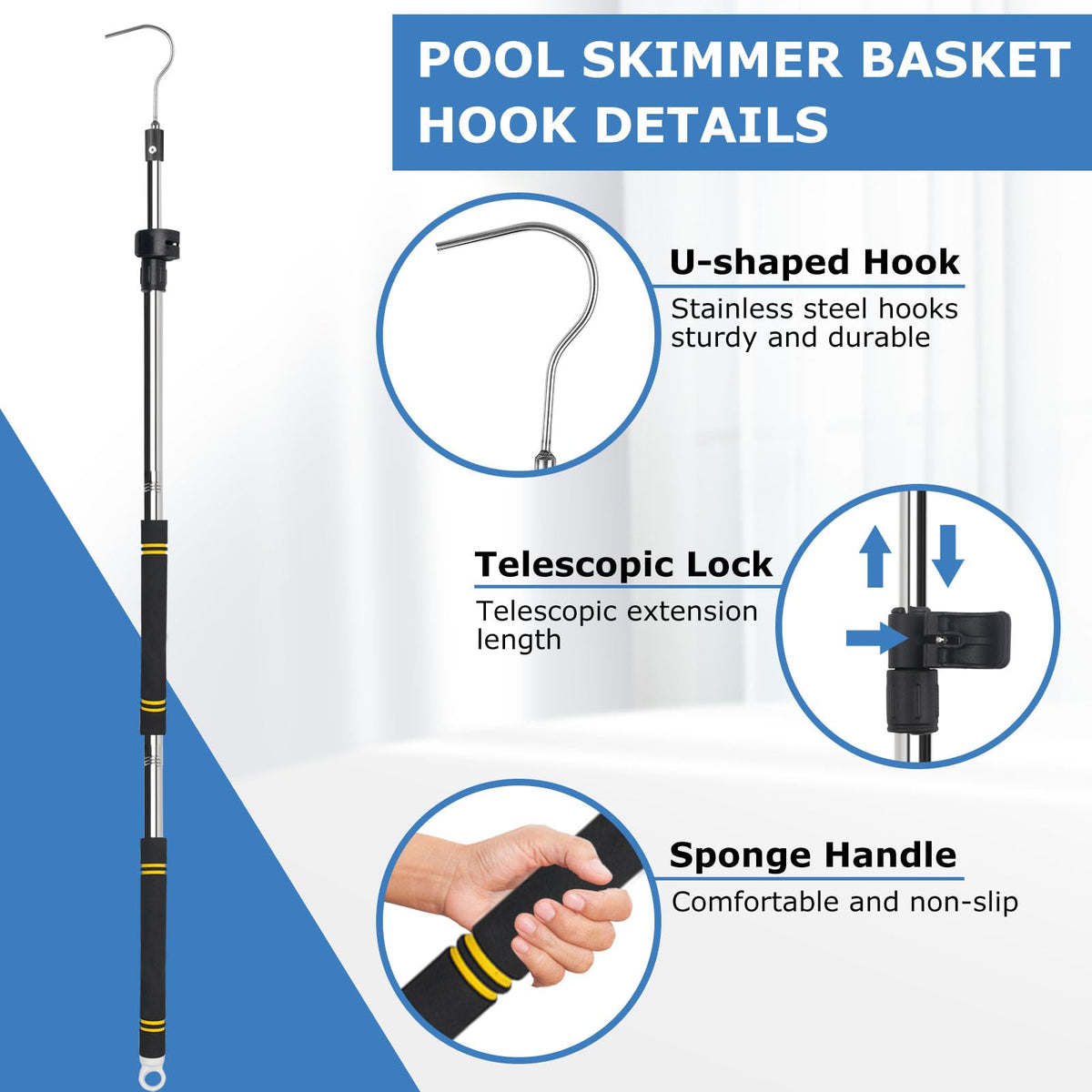 Greeily U shaped hook secures skimmer baskets and robots safely