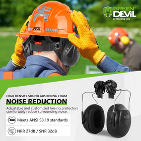 Green Devil helmet with ear muffs reducing noise exposure on site.