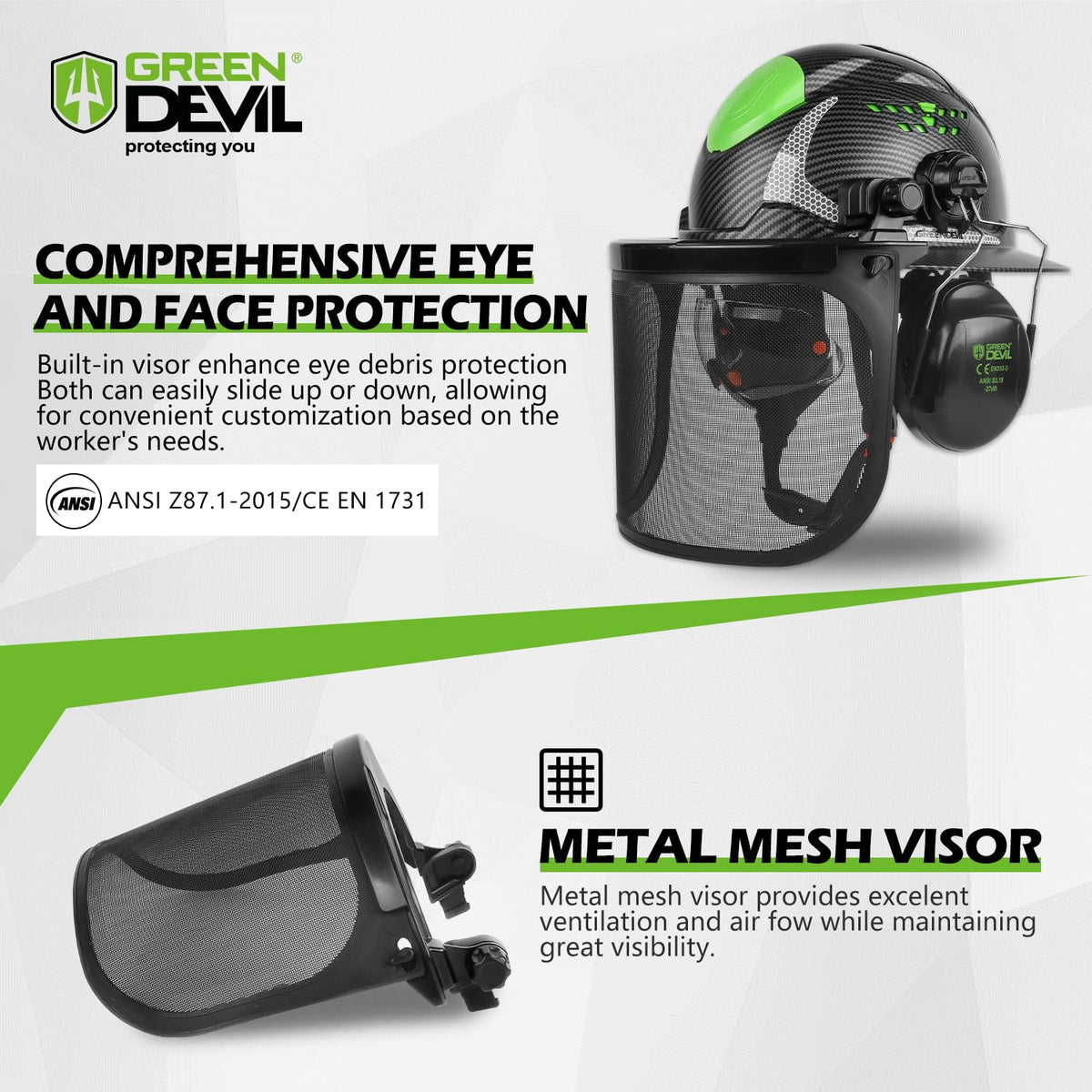 GREEN DEVIL helmet with face shield visible for clear visibility