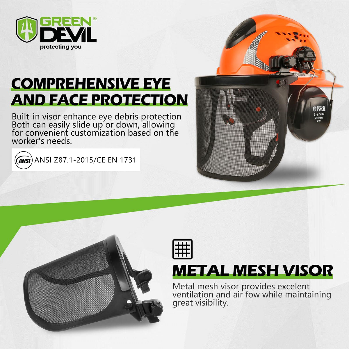 Green Devil chainsaw helmet with face shield protecting eyes during cuts.