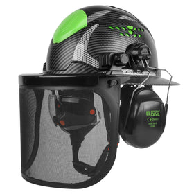 GREEN DEVIL chainsaw helmet front view with full brim offering superior head protection