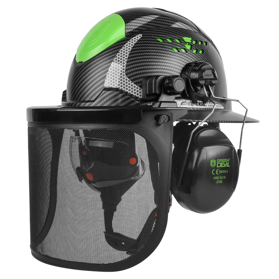 GREEN DEVIL chainsaw helmet front view with full brim offering superior head protection