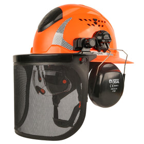 Green Devil forestry helmet with full brim shields sun and debris.