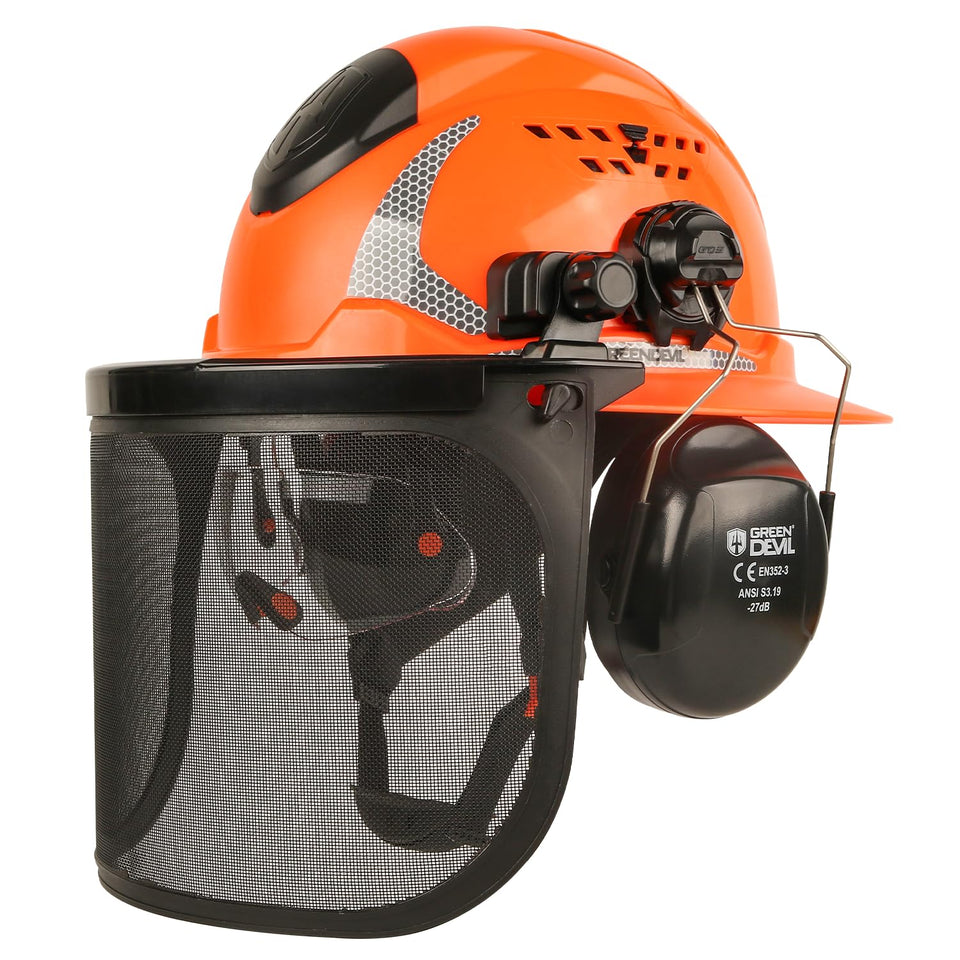 Green Devil forestry helmet with full brim shields sun and debris.