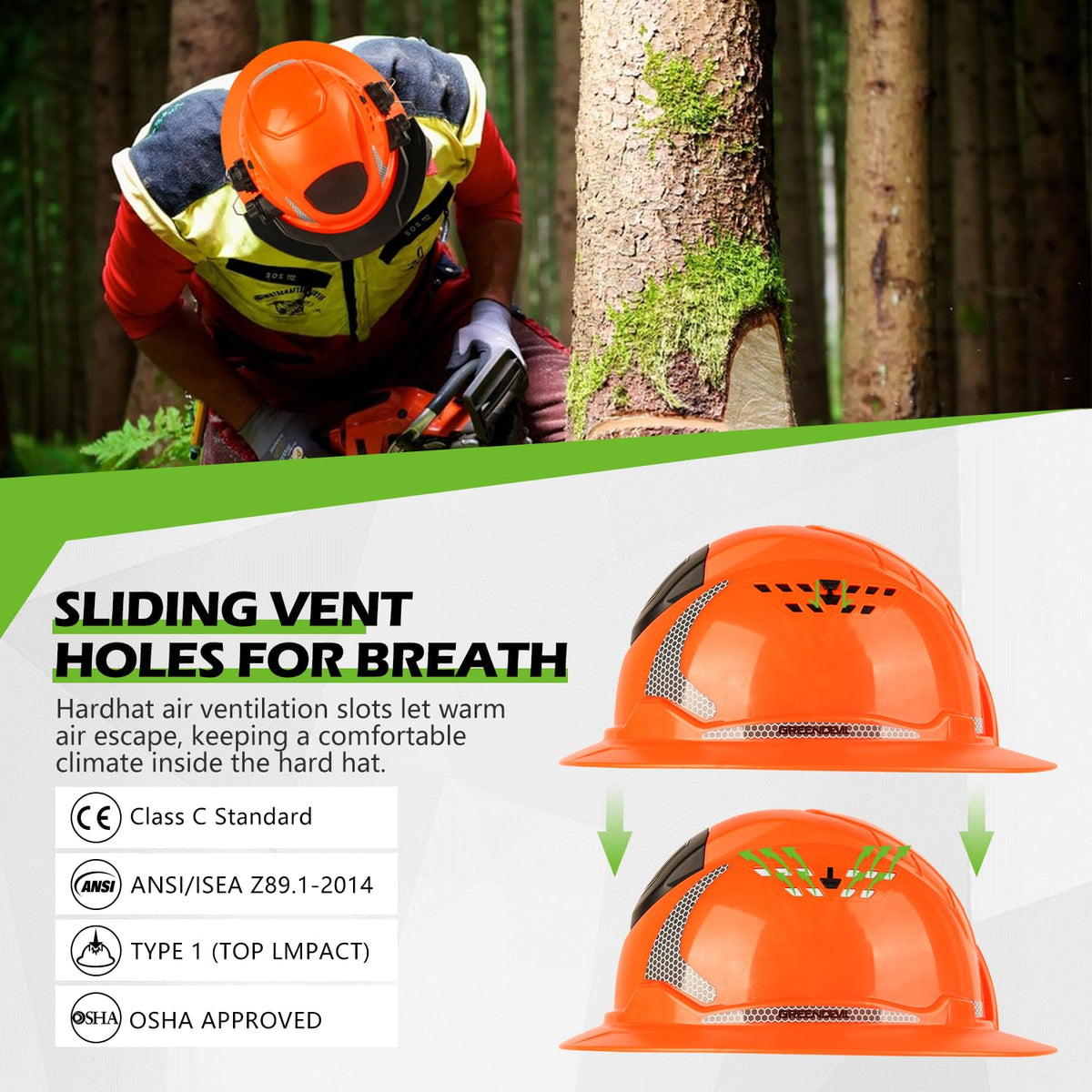 Green Devil HDPE helmet lightweight yet sturdy for long days.